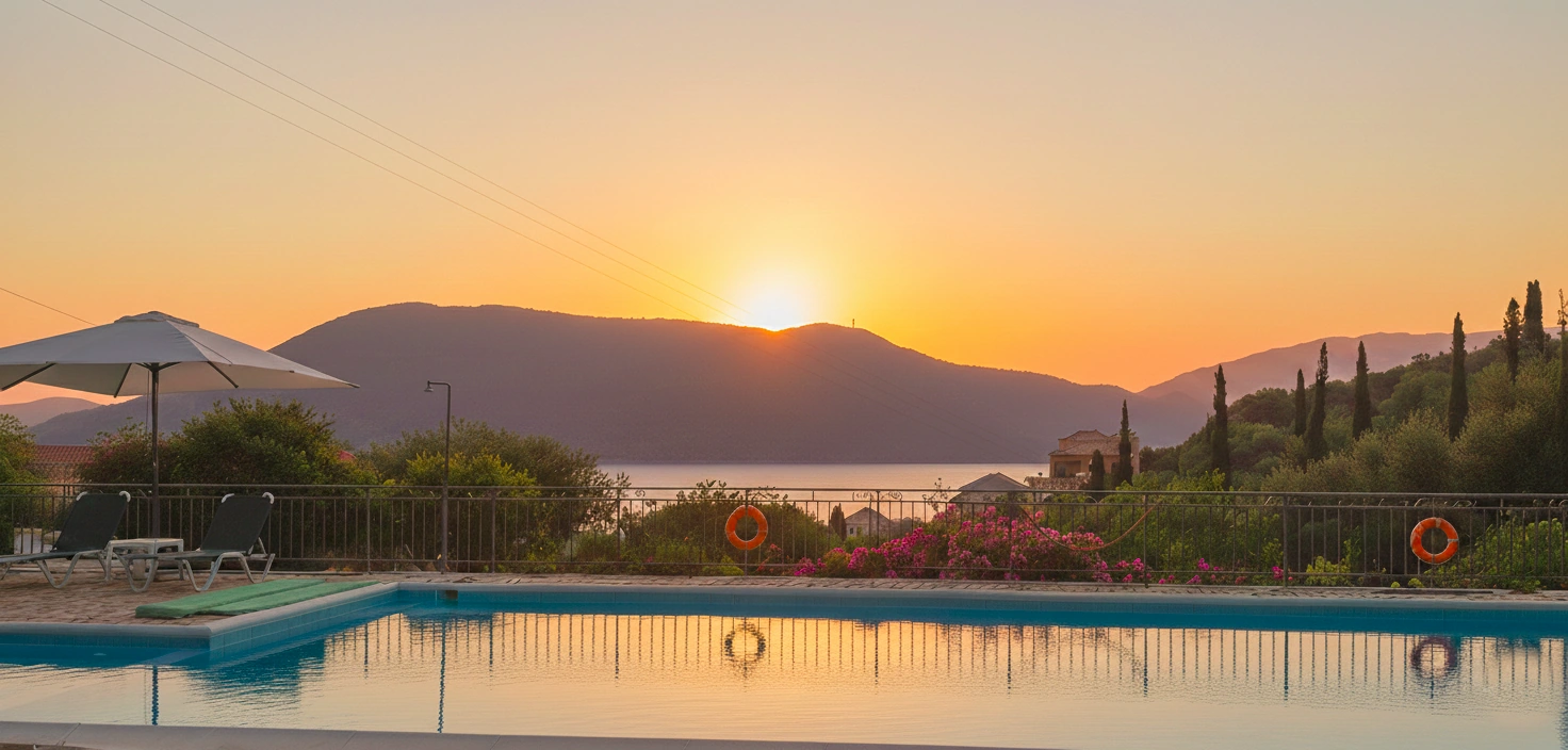 Swimming pool with a view of the sea and mountains