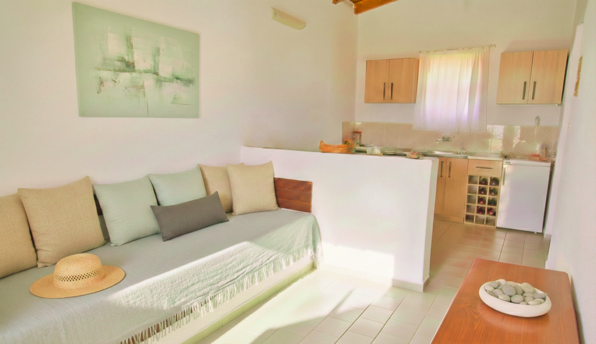 Living area and kitchen interior, designed for comfort