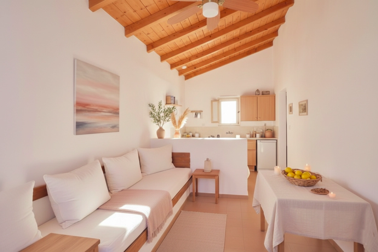 Living area and kitchen interior front row