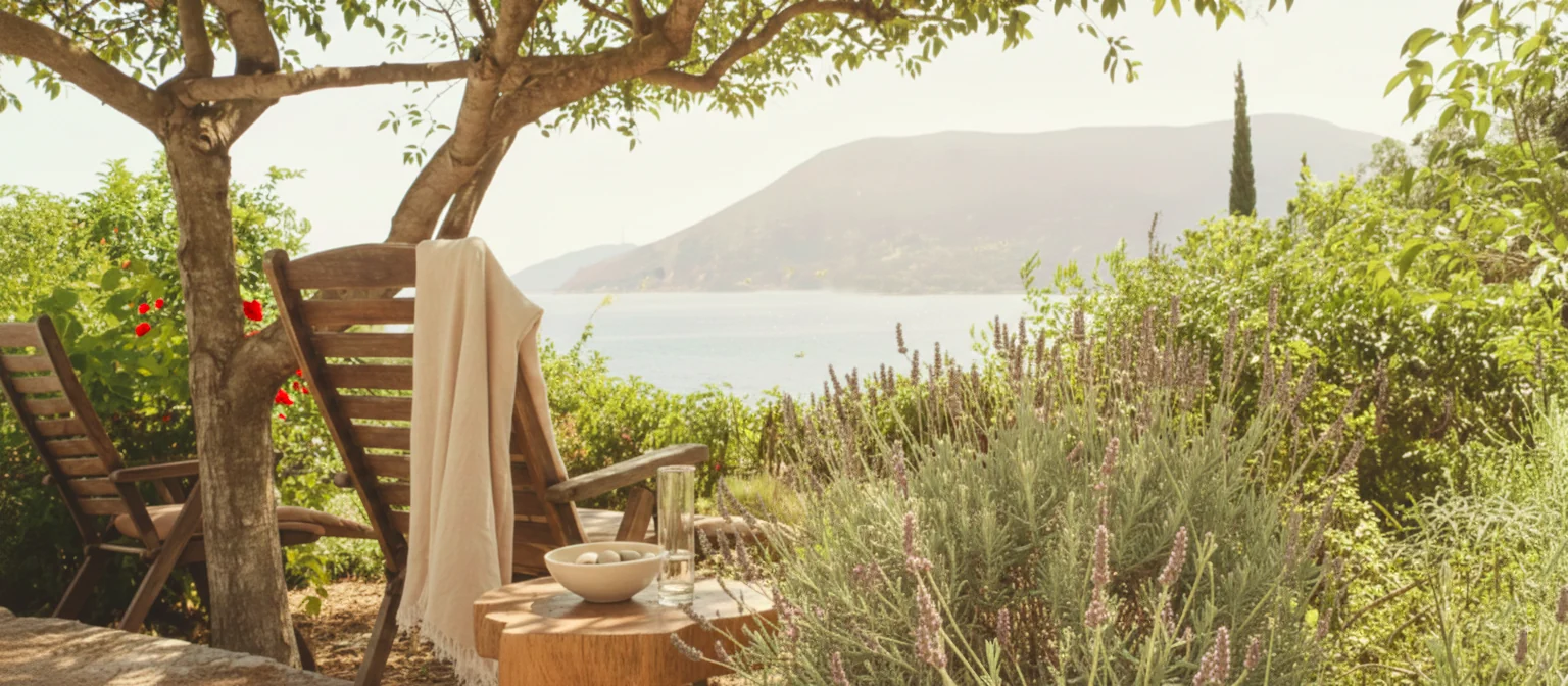 Lavender flowers in the garden with a distant sea view