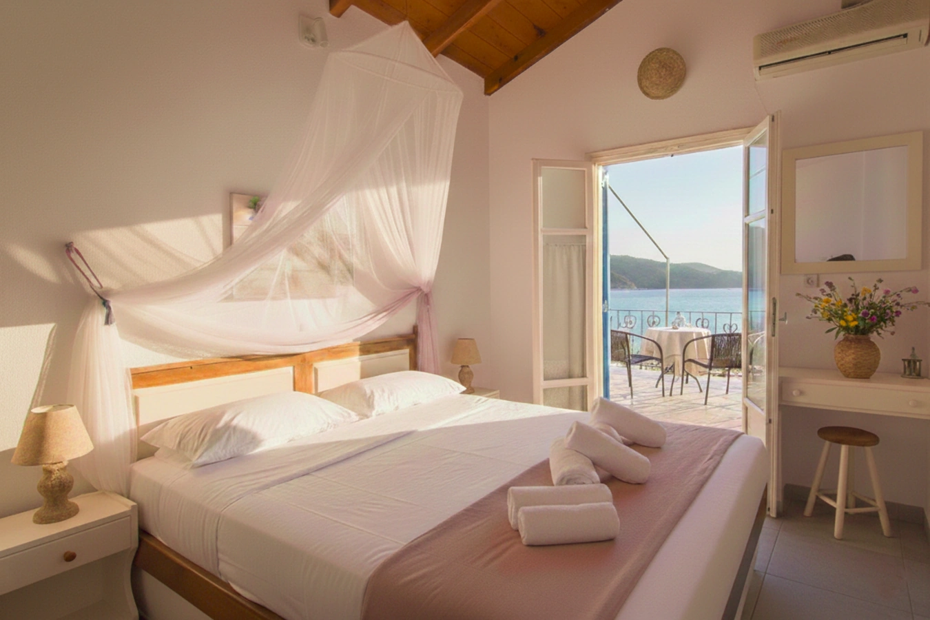 Bedroom interior with a queen-size bed and a view to the balcony